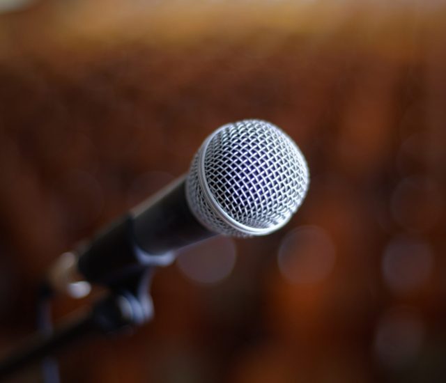 A vertical image of a microphone against a blurry background